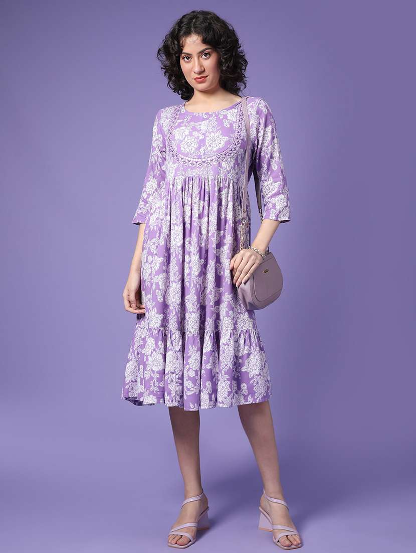 women floral print round neck tiered dress