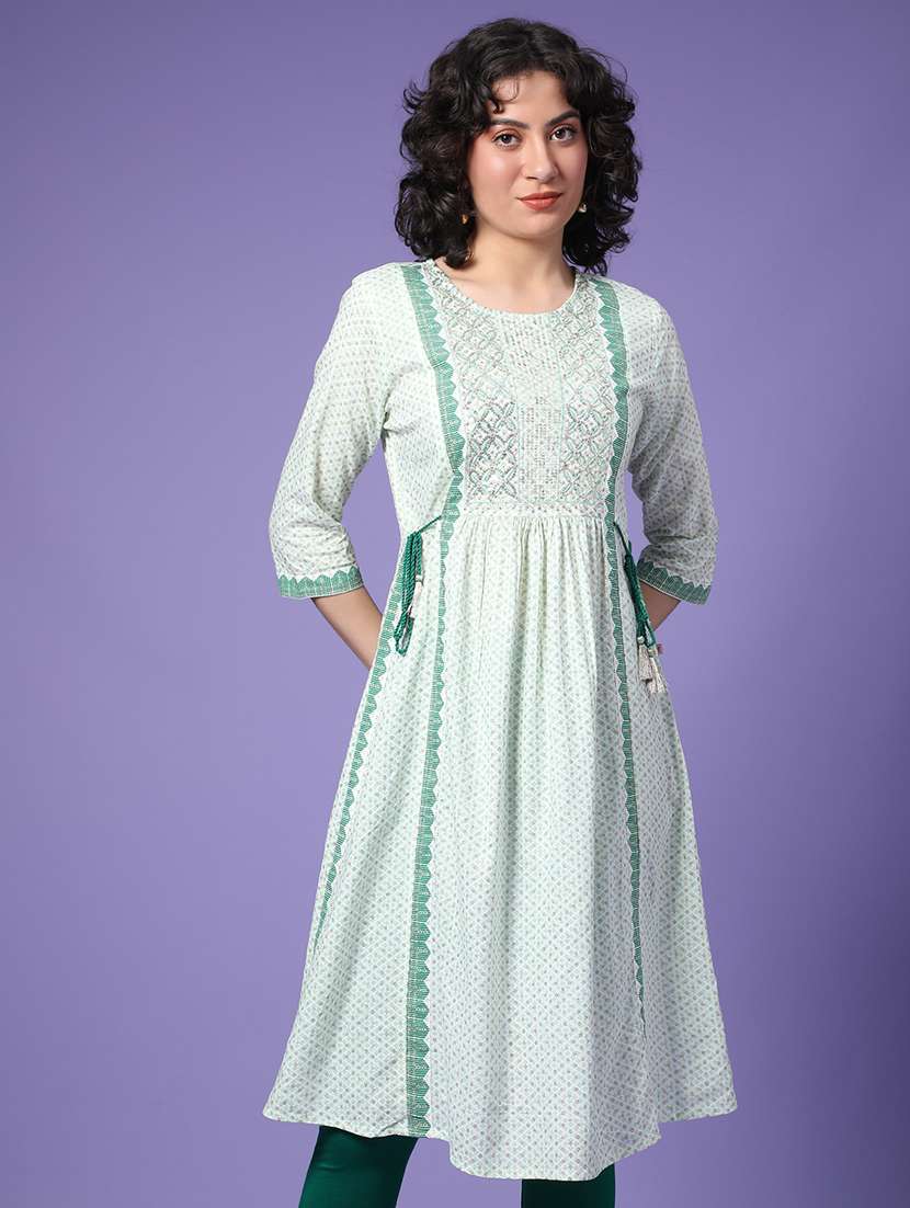 women printed three quarter sleeve a-line kurta
