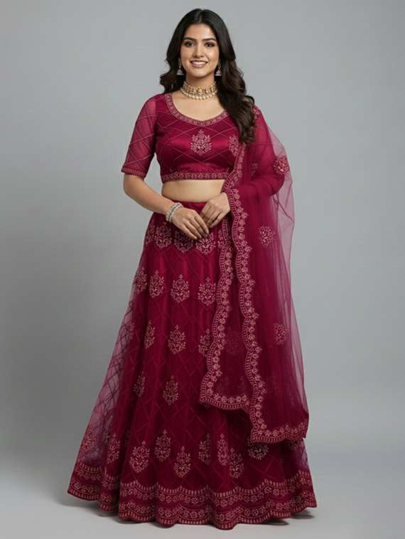 women solid with work semi stitched flared lehenga