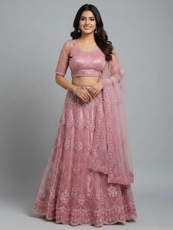 women solid with work semi-stitched flared lehenga