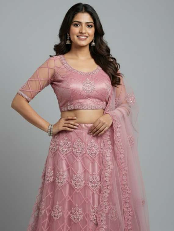 women solid with work semi-stitched flared lehenga - 22285356 -  Standard Image - 3