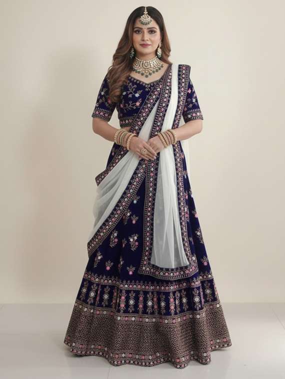 women solid with work semi-stitched flared lehenga