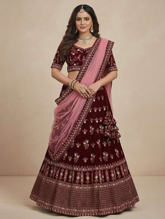 women solid with work semi-stitched flared lehenga