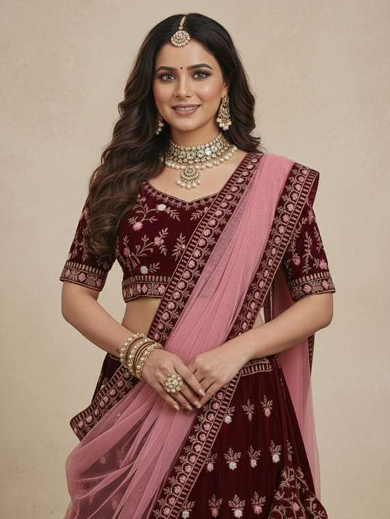 women solid with work semi-stitched flared lehenga - 22285366 -  Standard Image - 3