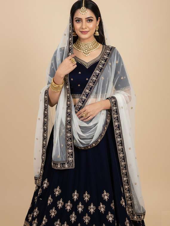 women solid with work semi stitched flared lehenga - 22285367 -  Standard Image - 3