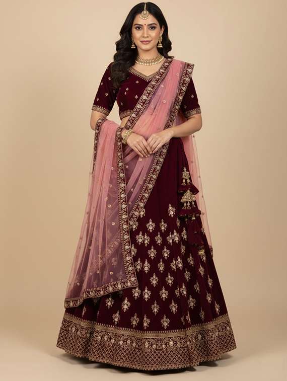 women solid with work semi-stitched flared lehenga