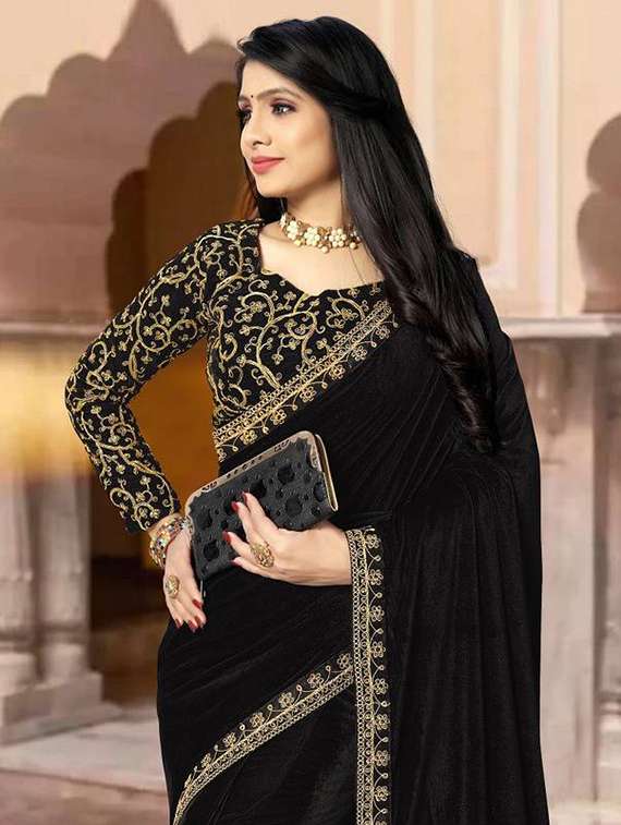 women solid with embroidered bordered saree with blouse - 22285391 -  Standard Image - 3