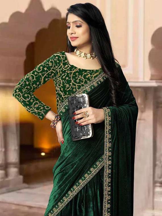 women solid with embroidered bordered saree with blouse - 22285392 -  Standard Image - 3