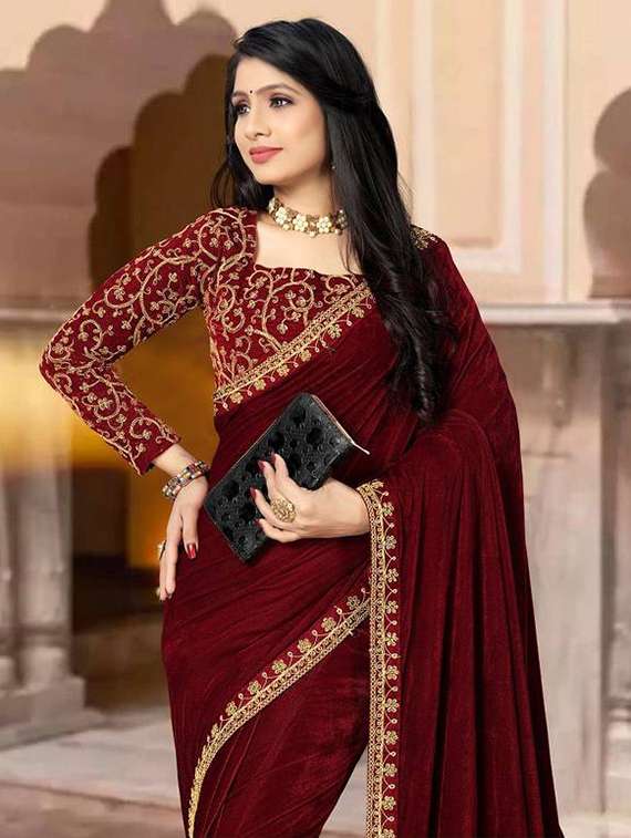 women solid with embroidered bordered saree with blouse - 22285393 -  Standard Image - 3