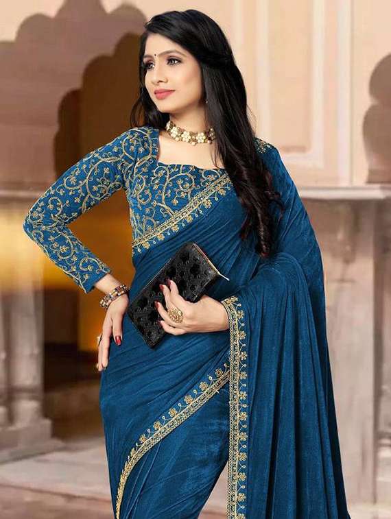 women solid with embroidered bordered saree with blouse - 22285395 -  Standard Image - 3