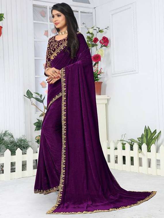 women solid with embroidered bordered saree with blouse
