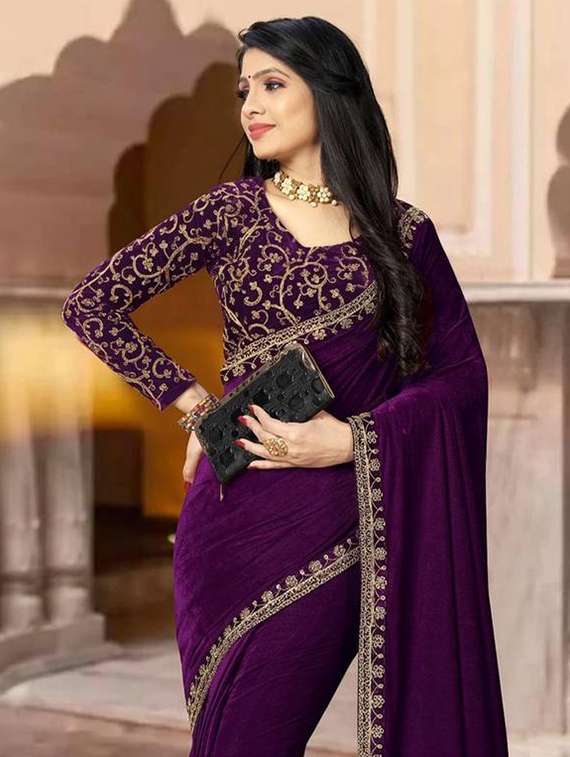 women solid with embroidered bordered saree with blouse - 22285396 -  Standard Image - 3