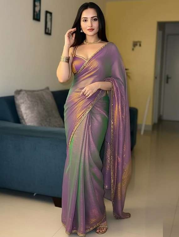 women solid with embellished bordered saree with blouse