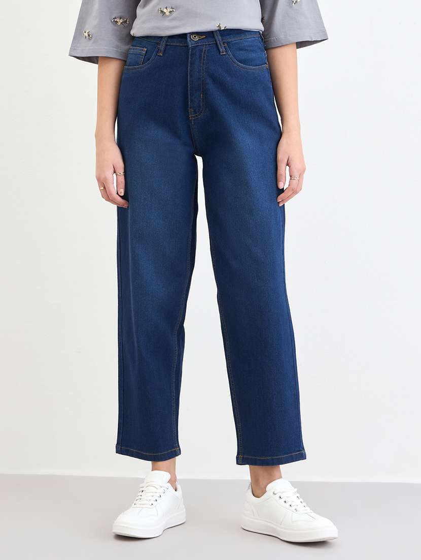 women solid high rise straight jean