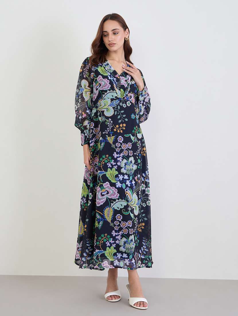 women floral print puff sleeve fit & flare dress
