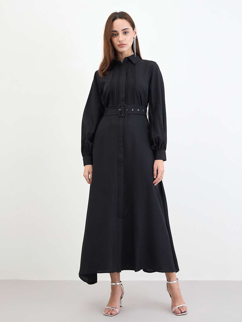 women solid collared puff sleeve shirt dress