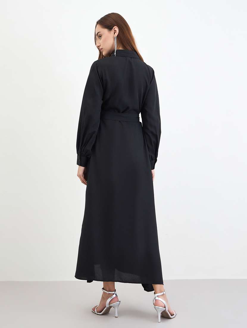 women solid collared puff sleeve shirt dress - 22285409 -  Standard Image - 3