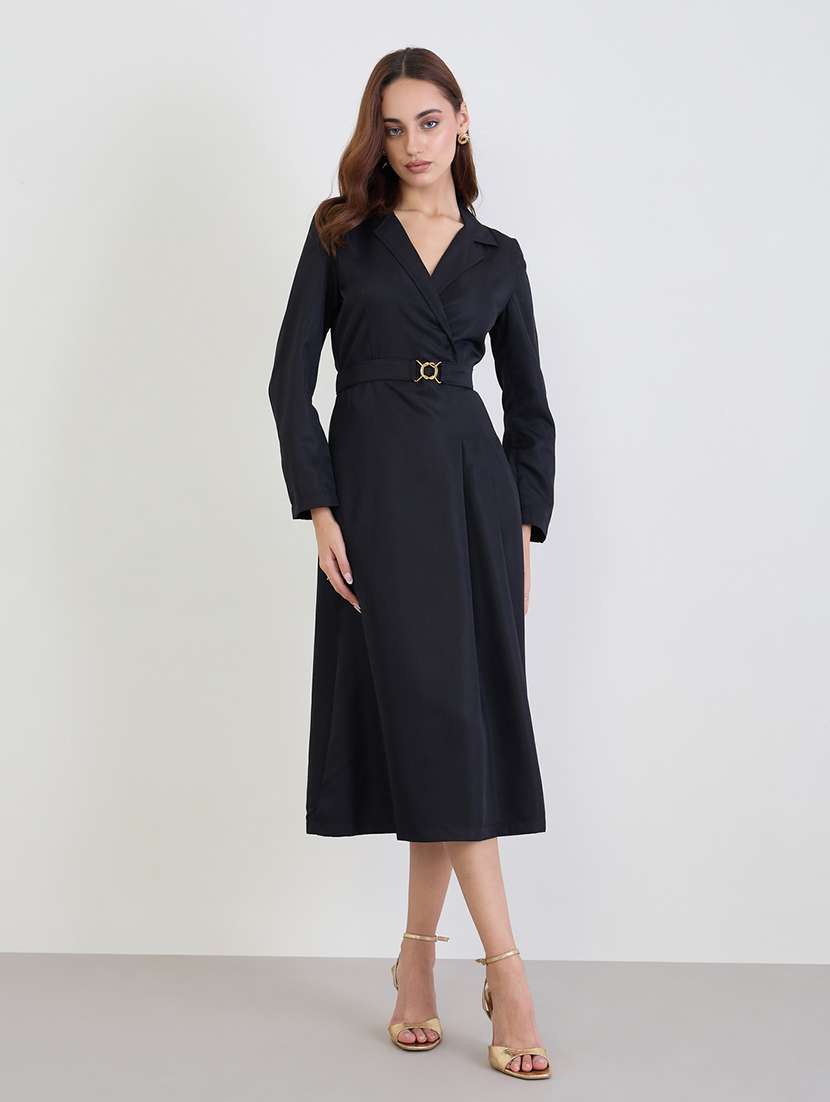 women solid lapel neck long sleeve wrap dress