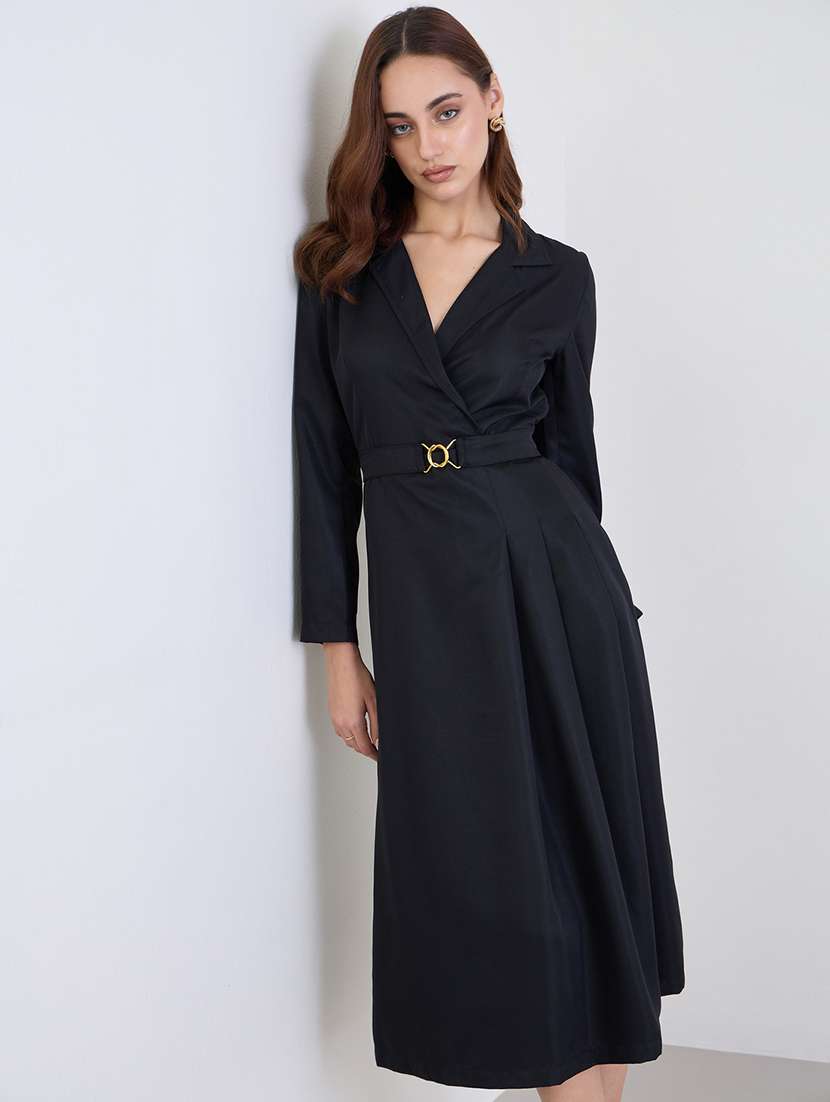 women solid lapel neck long sleeve wrap dress - 22285412 -  Standard Image - 3