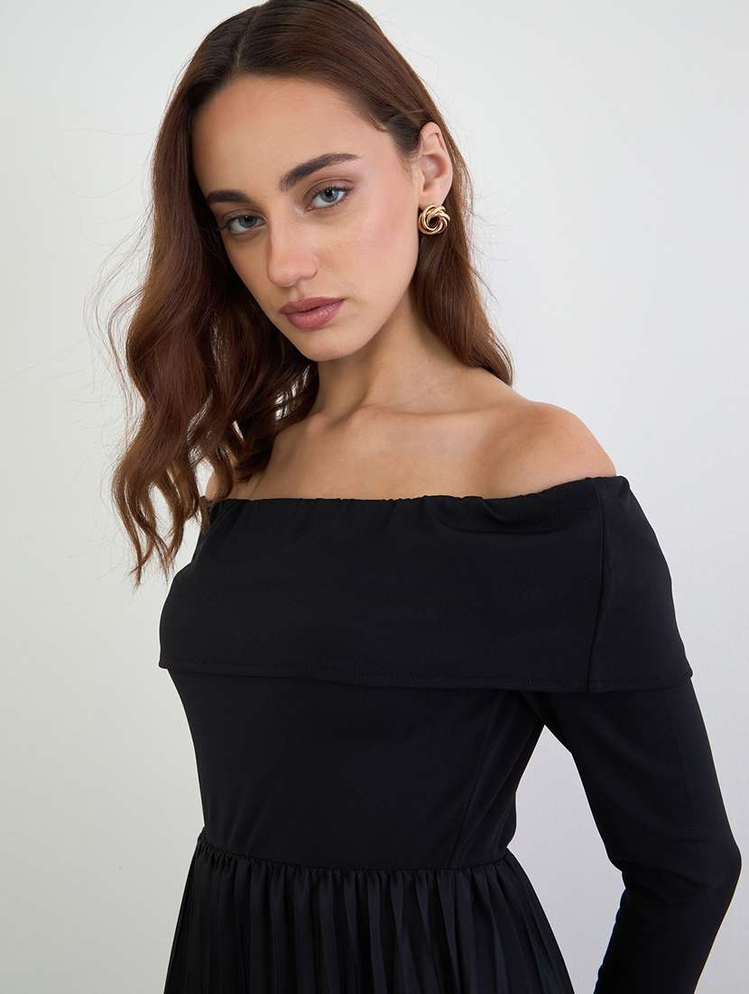 women solid off shoulder fit & flare dress - 22285413 -  Standard Image - 3