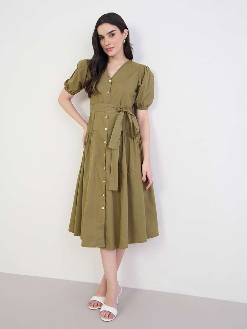 women solid puff sleeve fit & flare dress