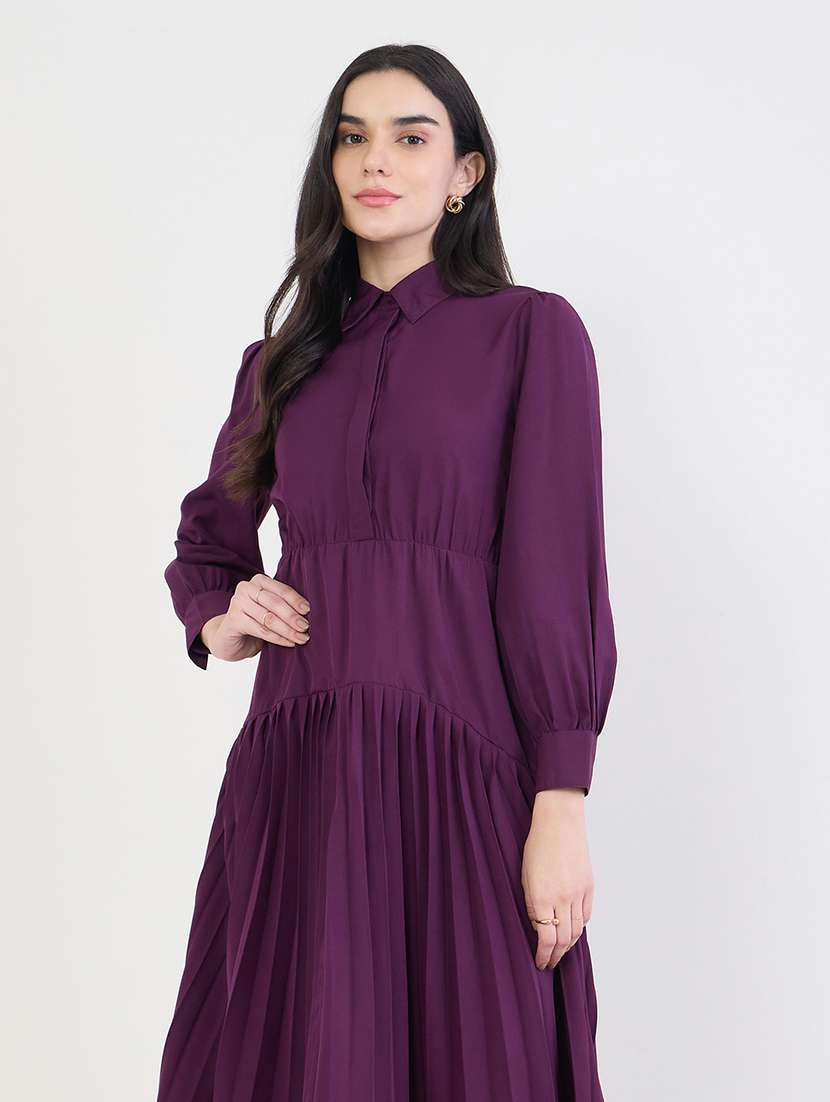 women solid collared puff sleeve a-line dress - 22285417 -  Standard Image - 3