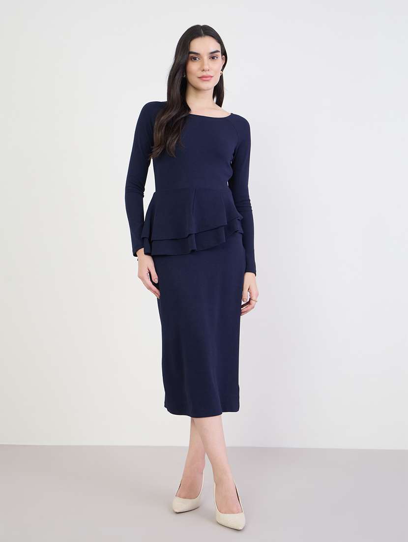 women solid long sleeve peplum dress