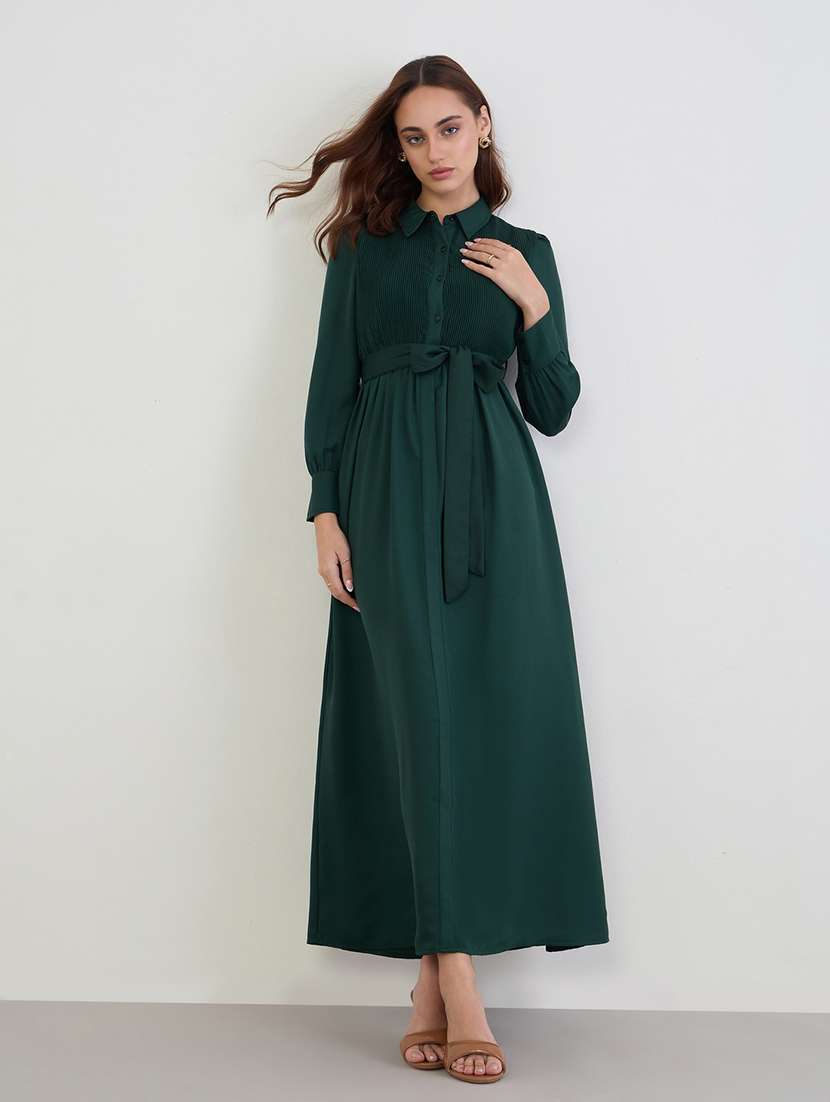 women solid collared long sleeve a-line dress