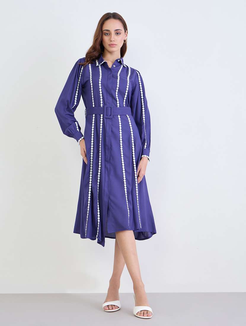 women solid collared puff sleeve a-line dress