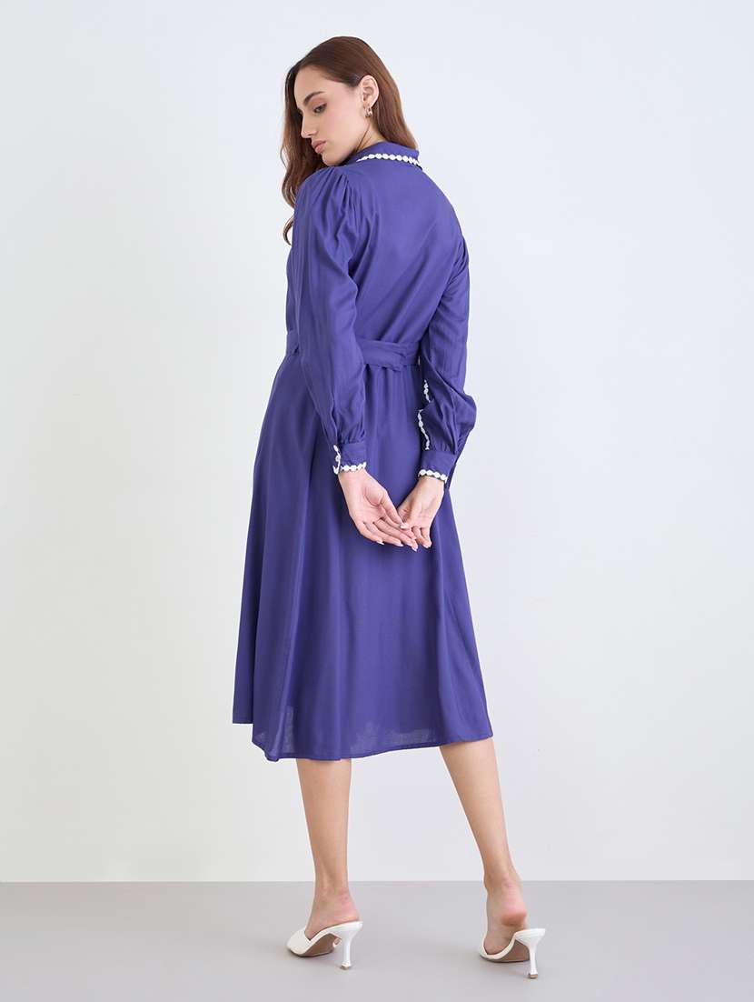 women solid collared puff sleeve a-line dress - 22285421 -  Standard Image - 3