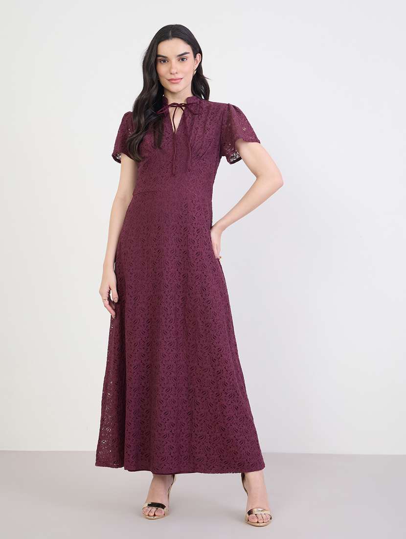 women solid short sleeve lace a-line dress