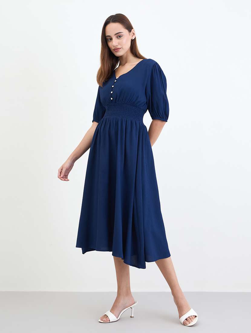 women solid puff sleeve fit & flare dress