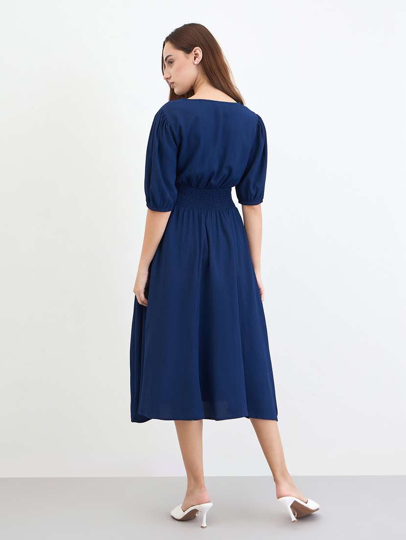 women solid puff sleeve fit & flare dress - 22285425 -  Standard Image - 3
