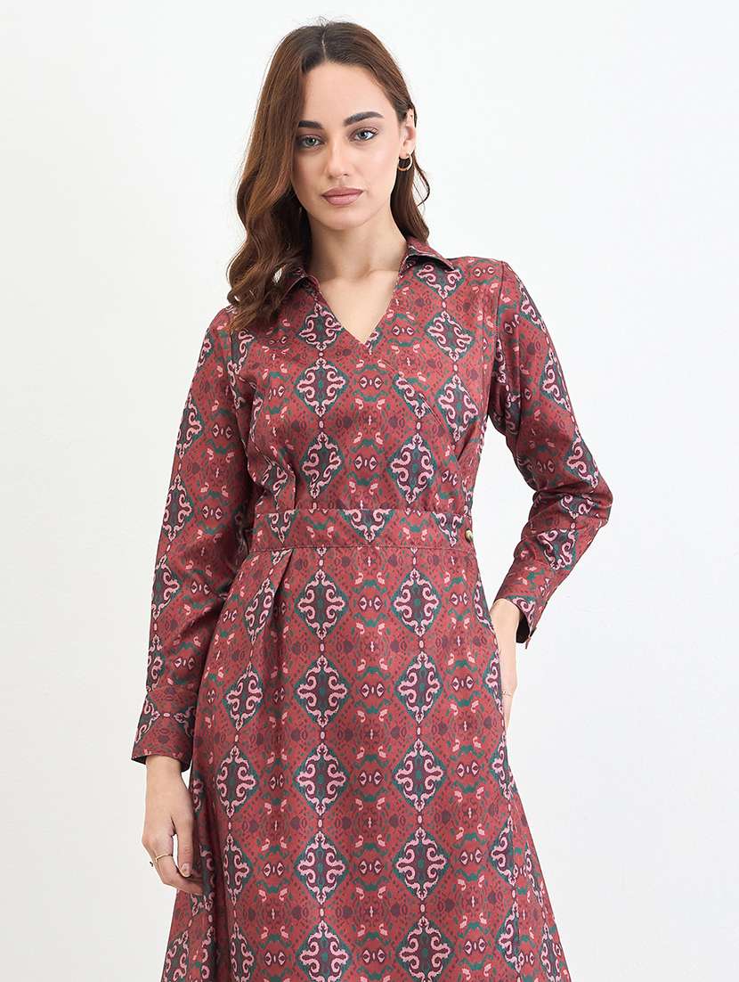 women printed collared puff sleeve a-line dress - 22285426 -  Standard Image - 3