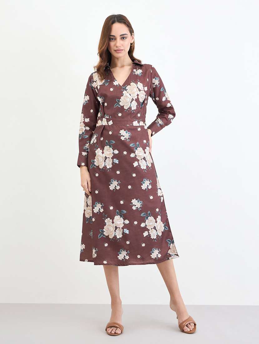 women floral print long sleeve a-line dress