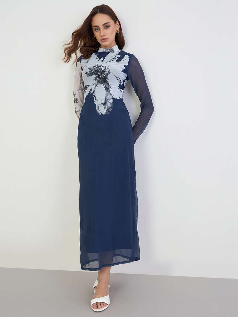 women floral print long sleeve a-line dress