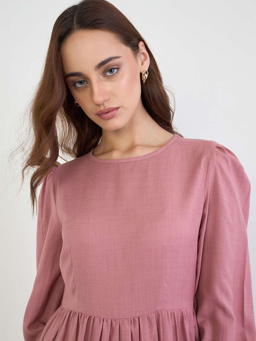 women solid puff sleeve tiered dress - 22285429 -  Standard Image - 3