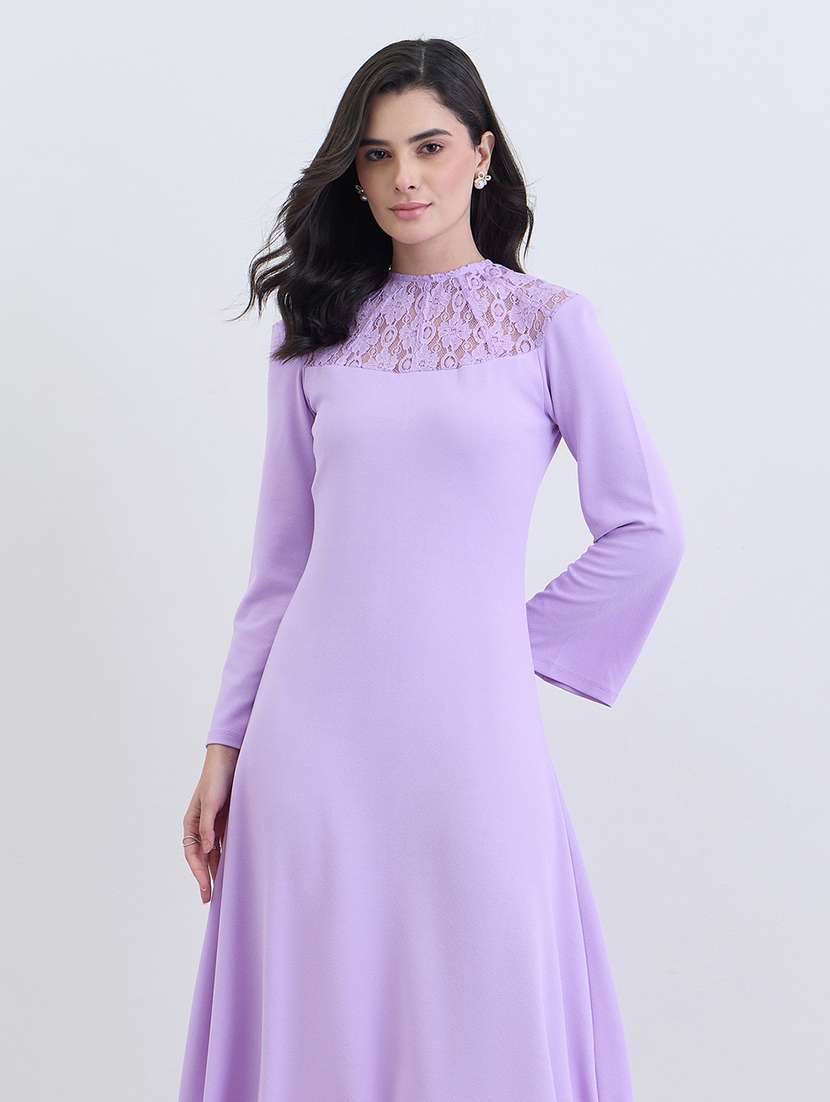 women solid long sleeve lace a-line dress - 22285431 -  Standard Image - 3