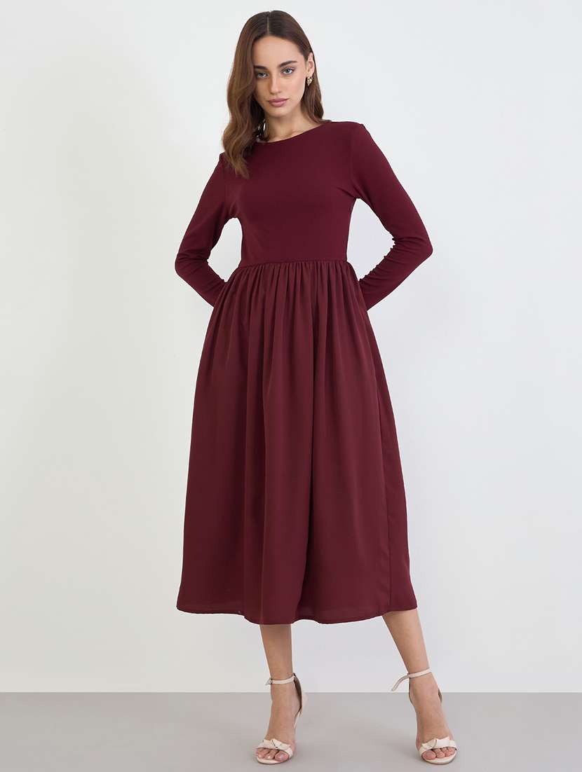women solid long sleeve fit & flare dress