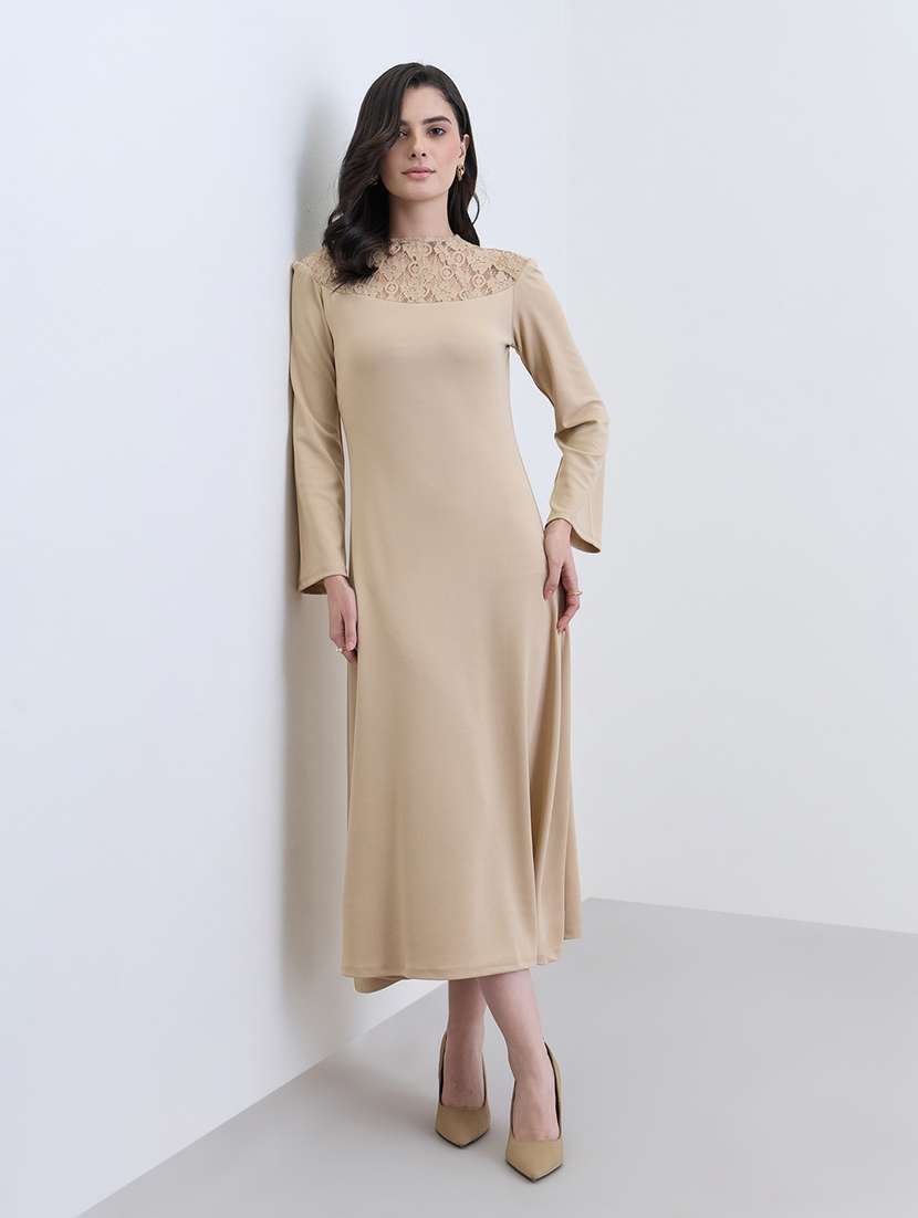 women solid long sleeve lace a-line dress