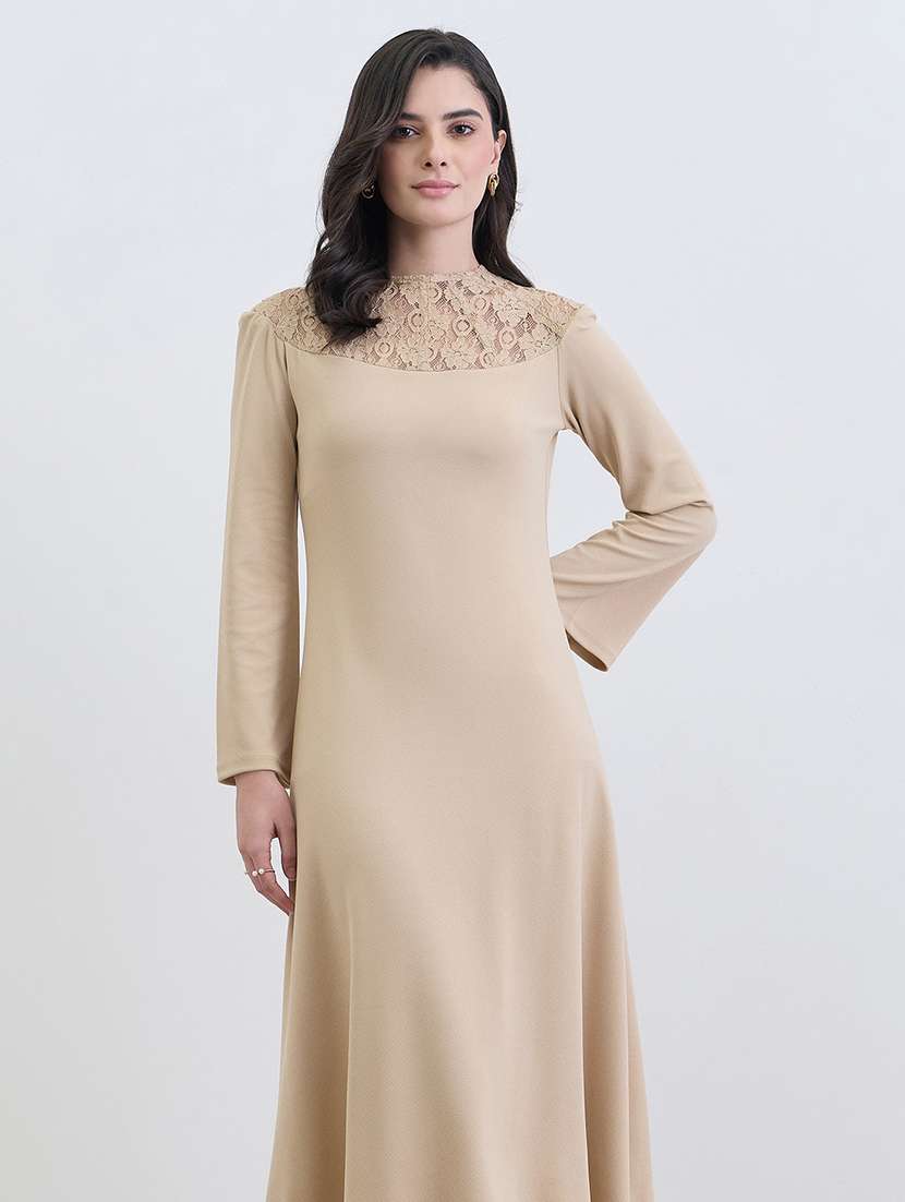 women solid long sleeve lace a-line dress - 22285435 -  Standard Image - 3