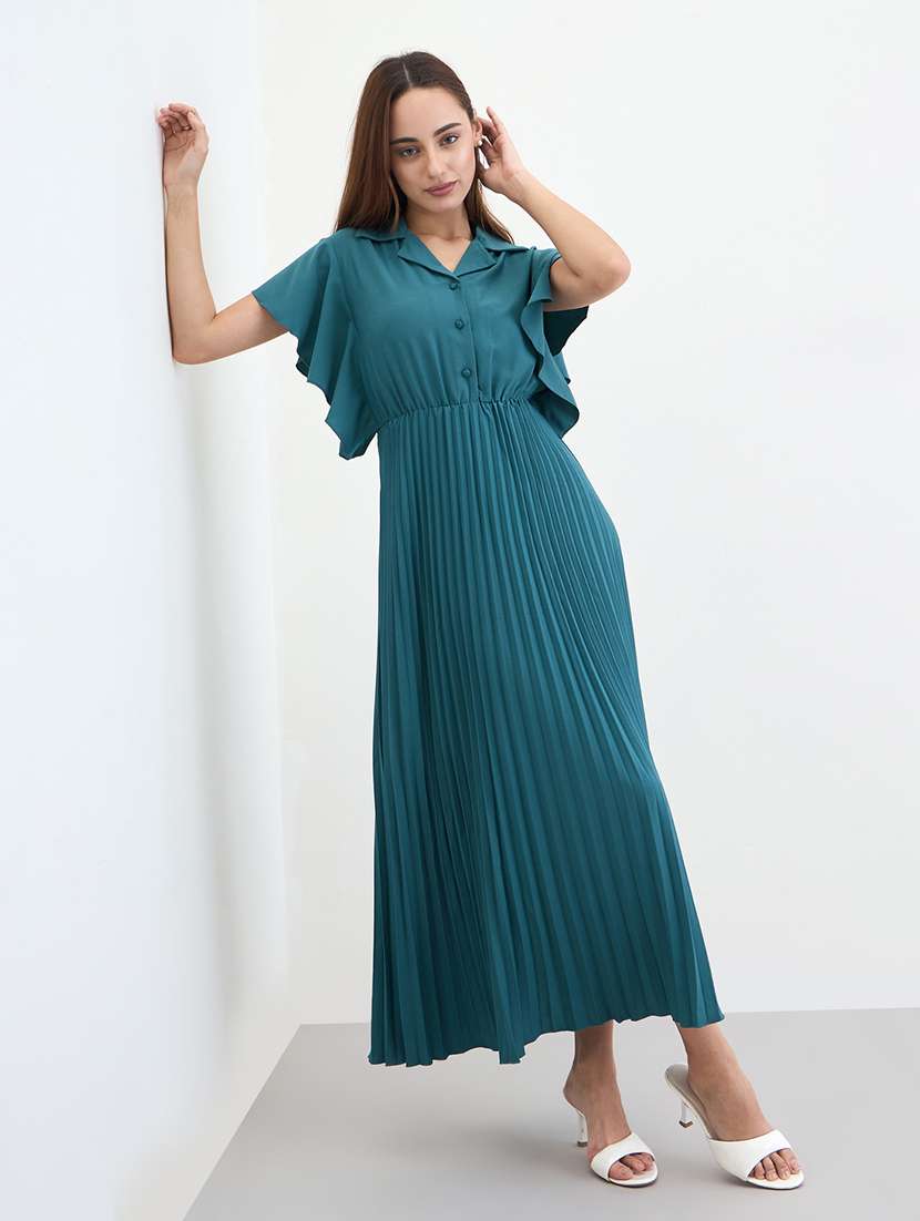 women solid collared flared sleeve a-line dress