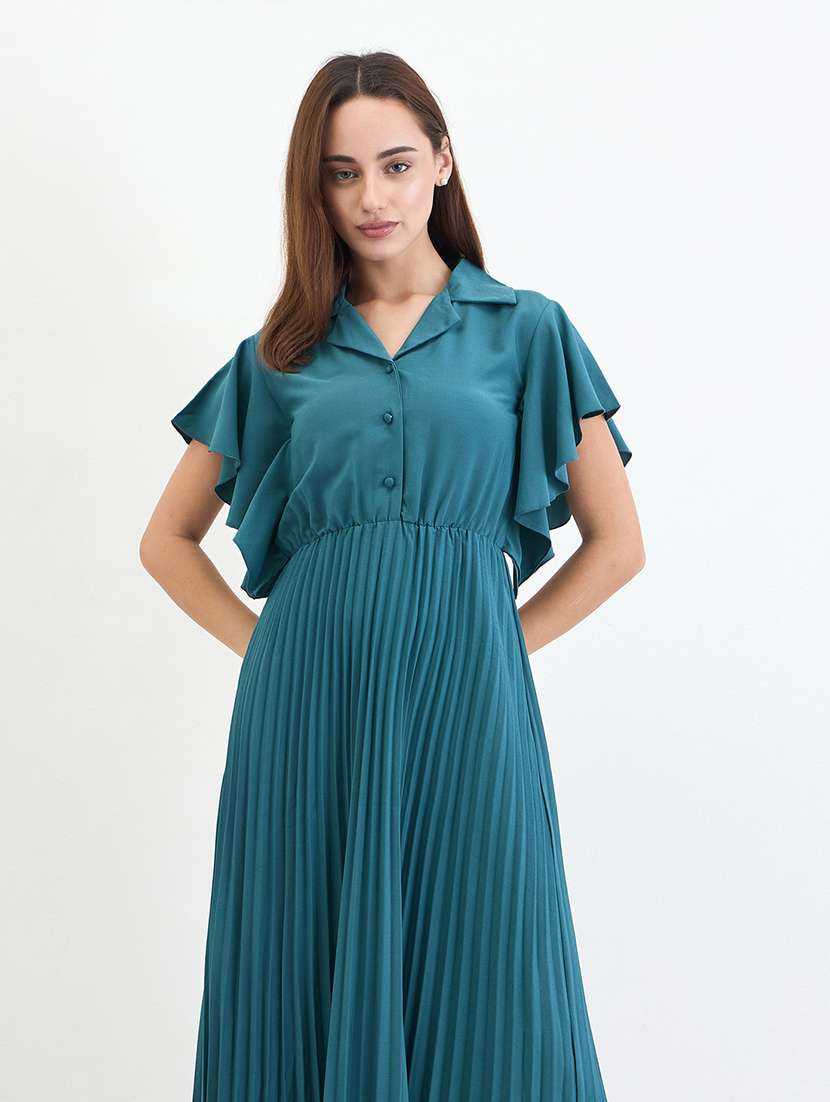 women solid collared flared sleeve a-line dress - 22285437 -  Standard Image - 3