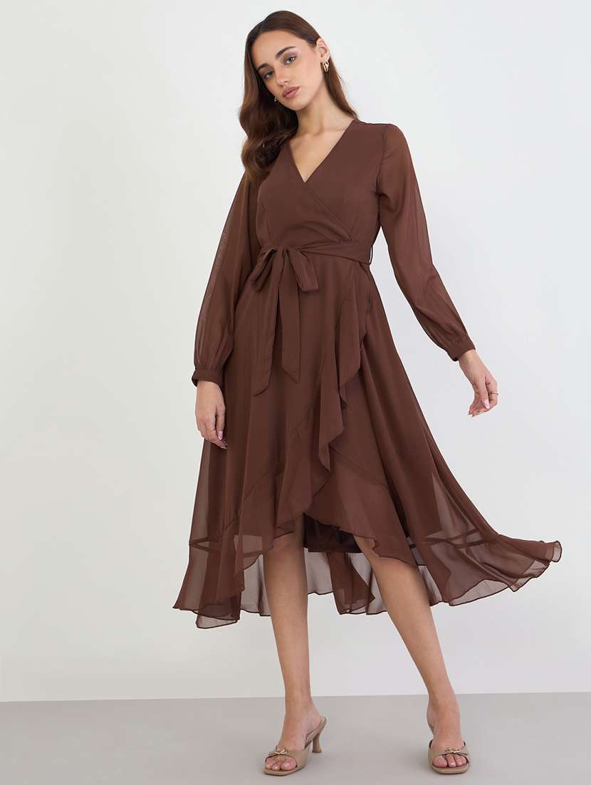 women solid puff sleeve wrap dress