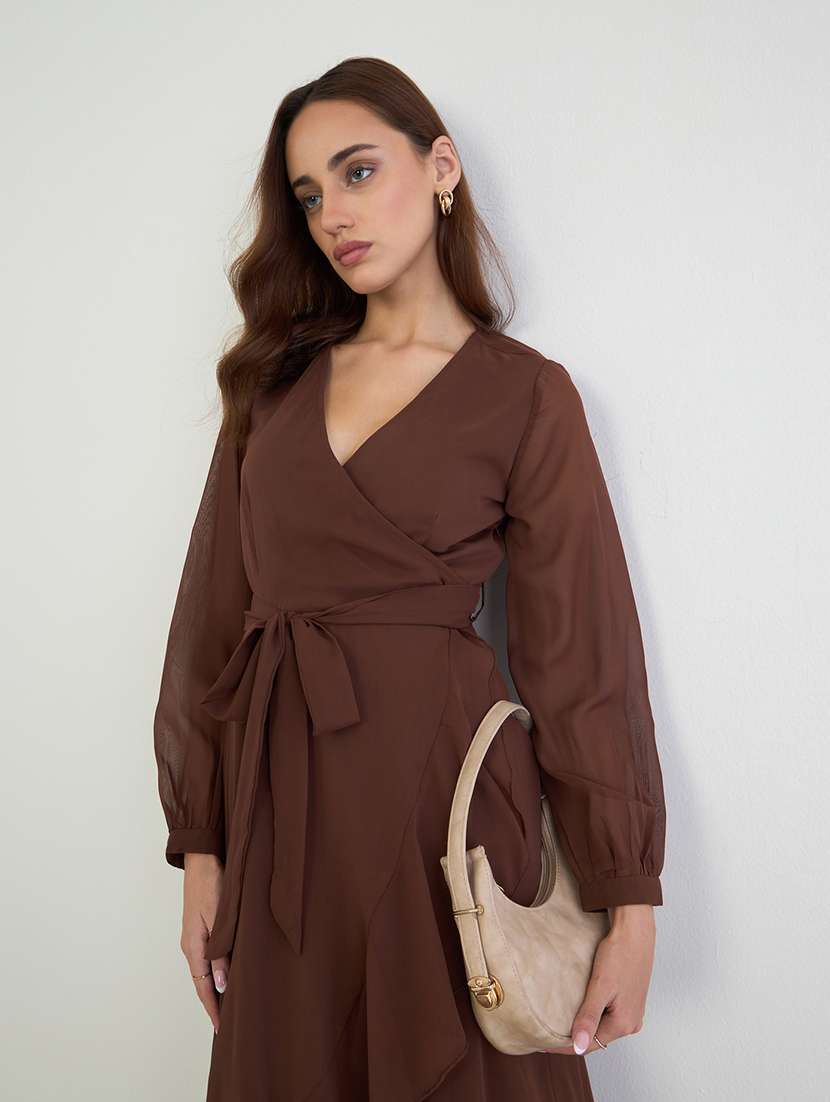women solid puff sleeve wrap dress - 22285438 -  Standard Image - 3
