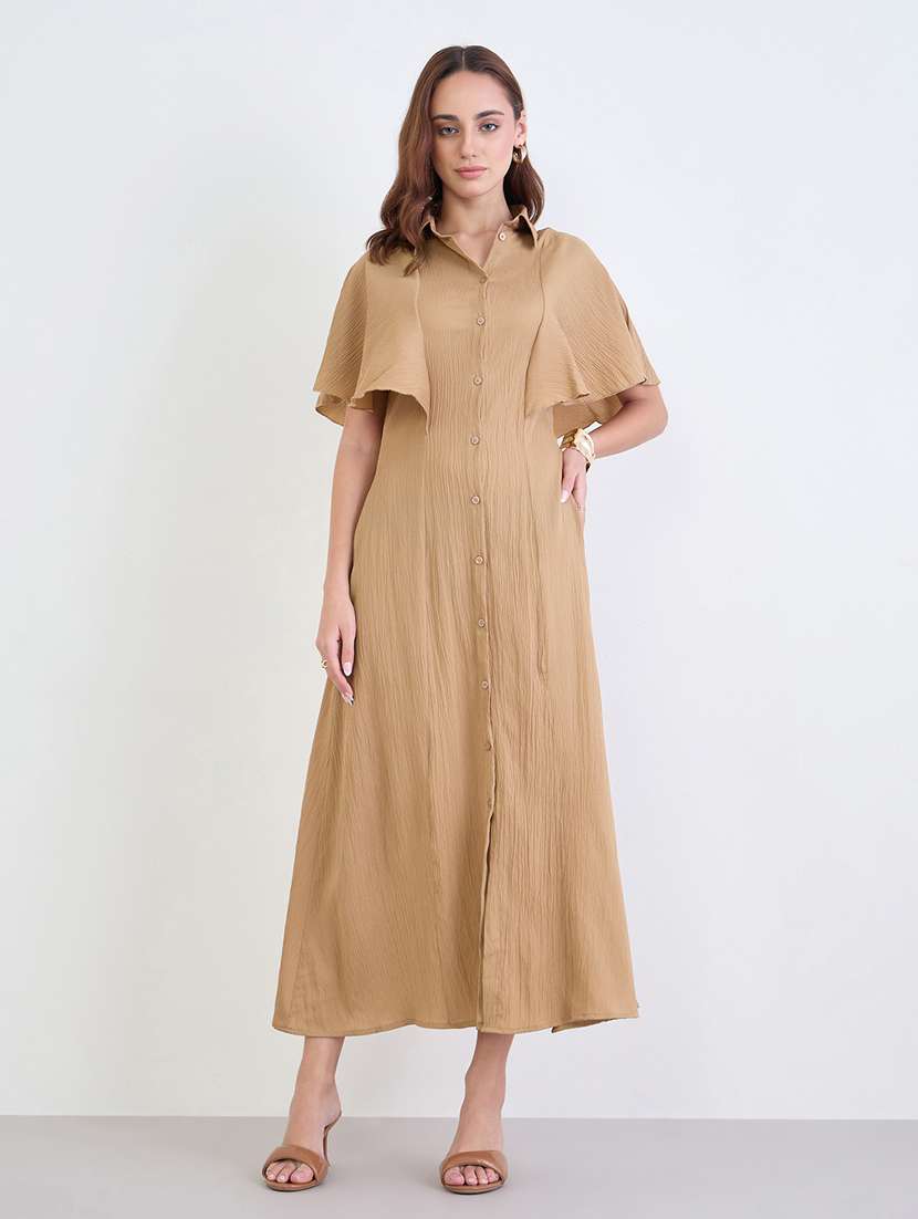 women solid collared flared sleeve a-line dress