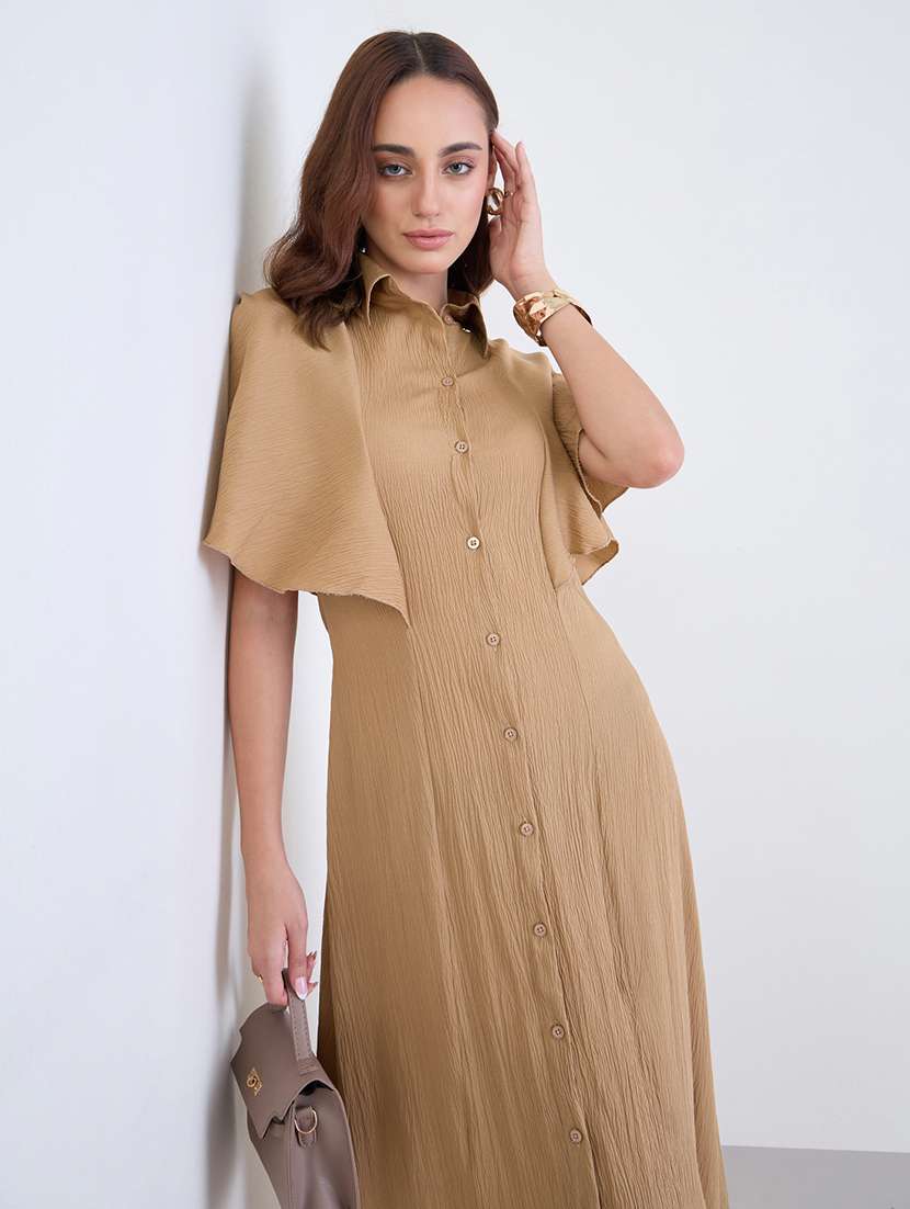 women solid collared flared sleeve a-line dress - 22285439 -  Standard Image - 3