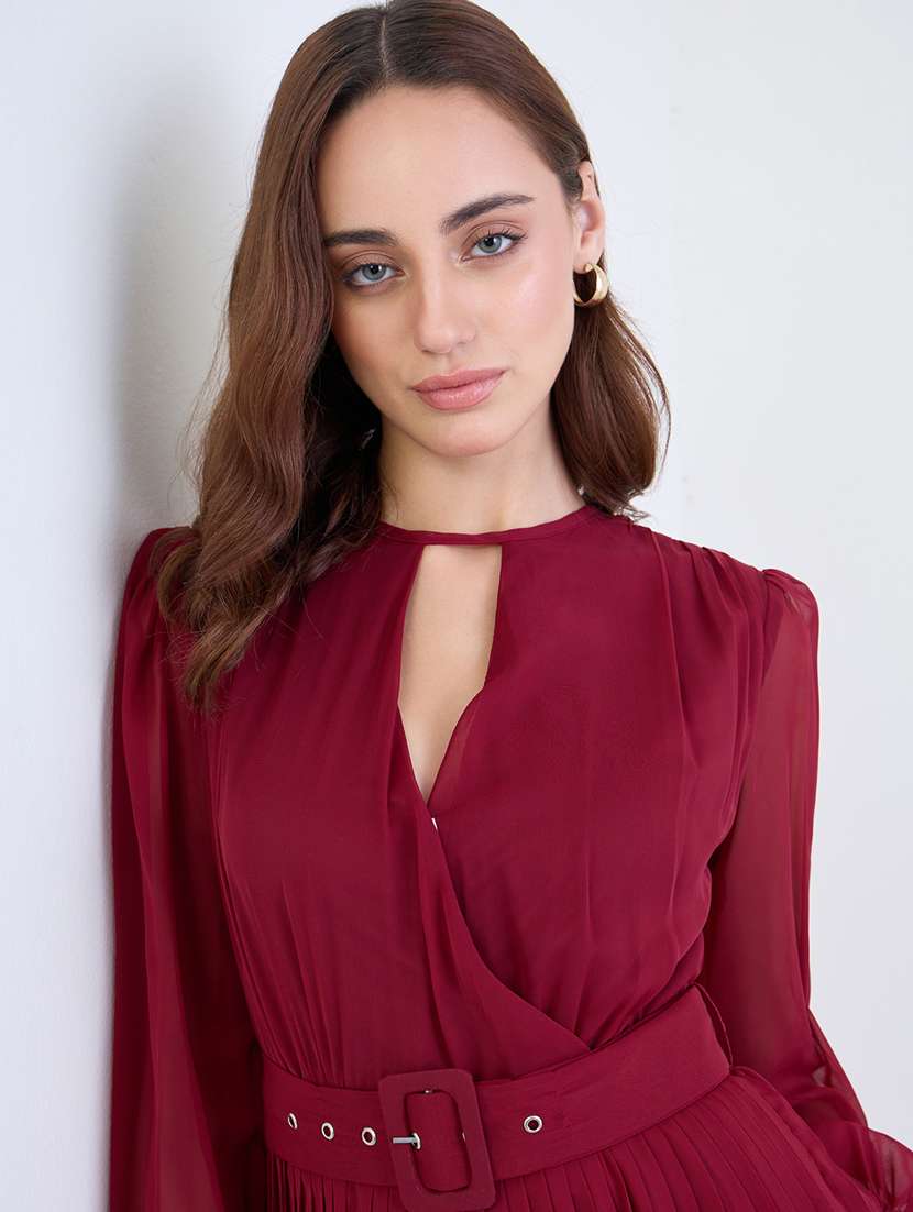 women solid puff sleeve a-line dress - 22285441 -  Standard Image - 5