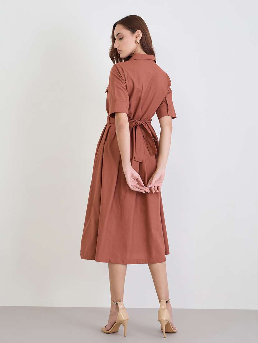 women solid collared short sleeve a-line dress - 22285446 -  Standard Image - 3