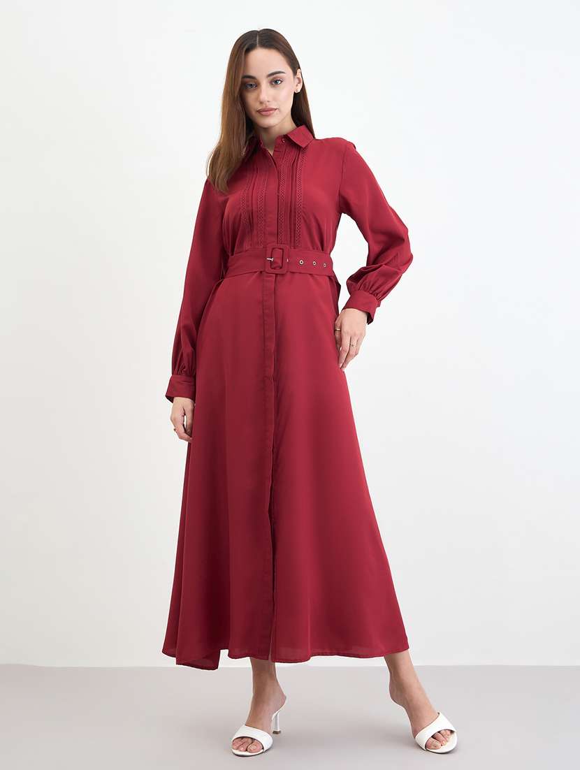 women solid collared long sleeve belted shirt dress